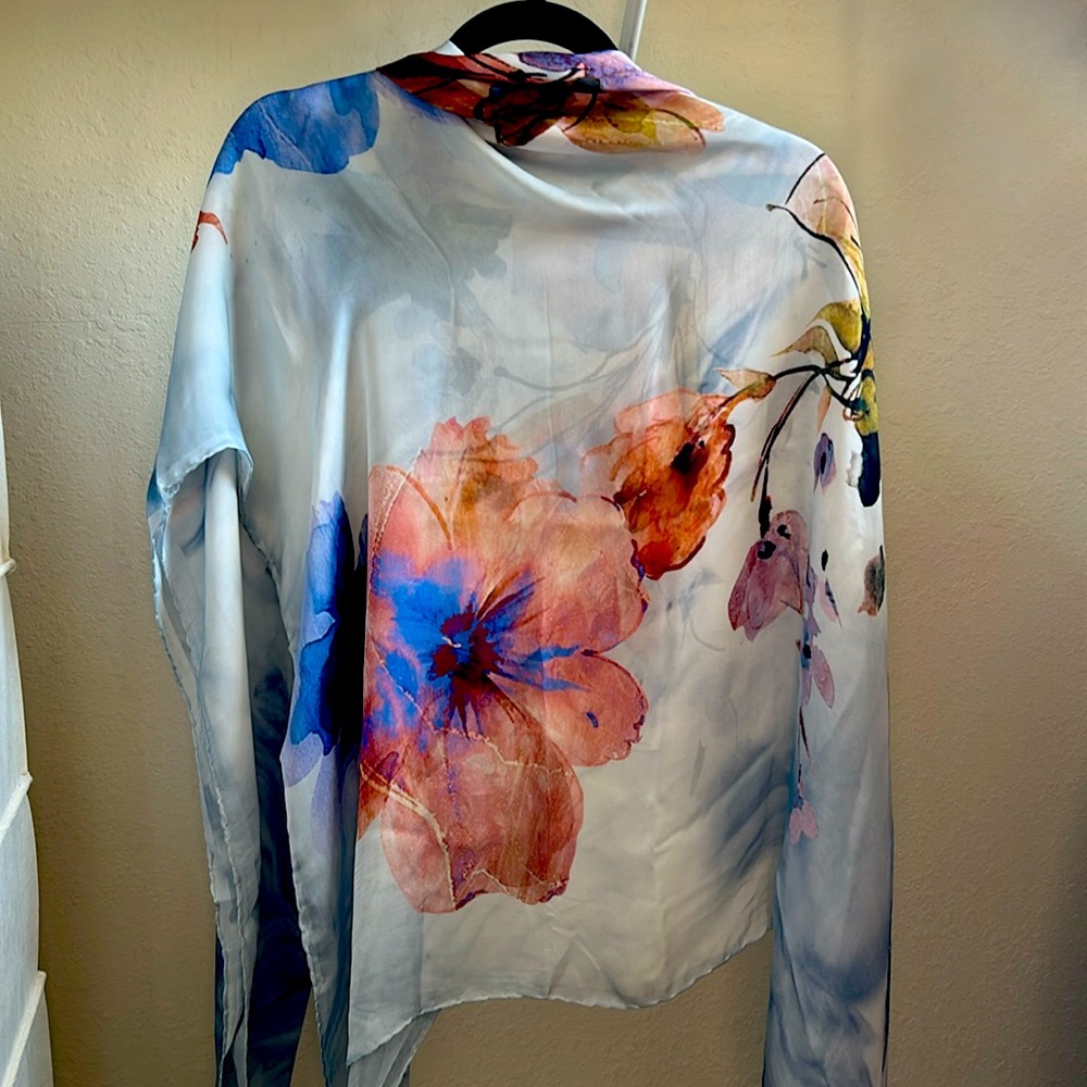 New Pure Silk Square Hijab Esharb Blue Multi Color 150cm x 150cm Large Floral